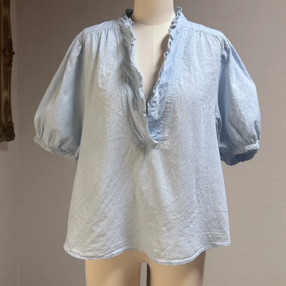 Anthro Anthropologie Cotton Peasant Blouse Puff Sleeve Ruffle Cottagecore Blue M